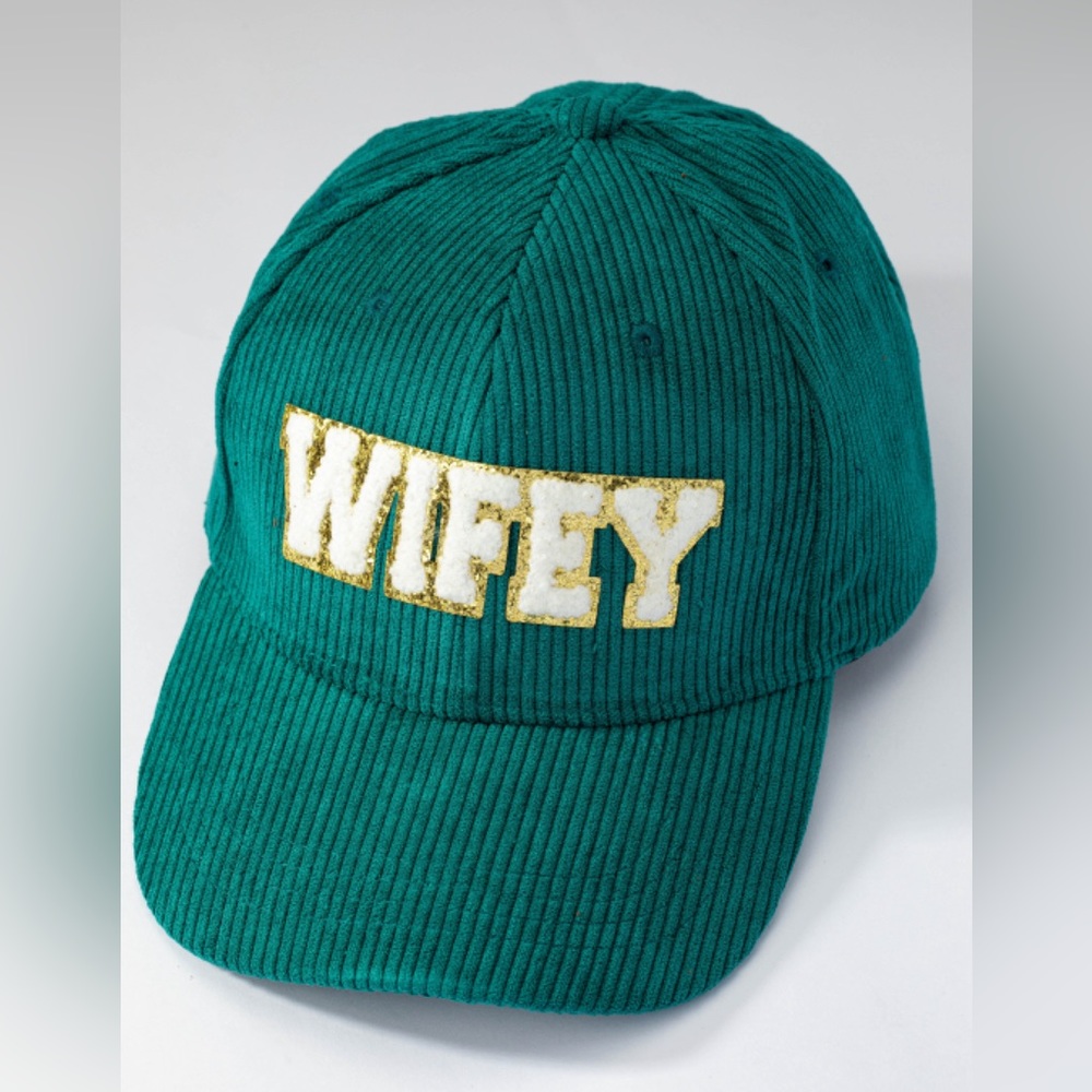 Teal gold white wifey message corduroy baseball hat